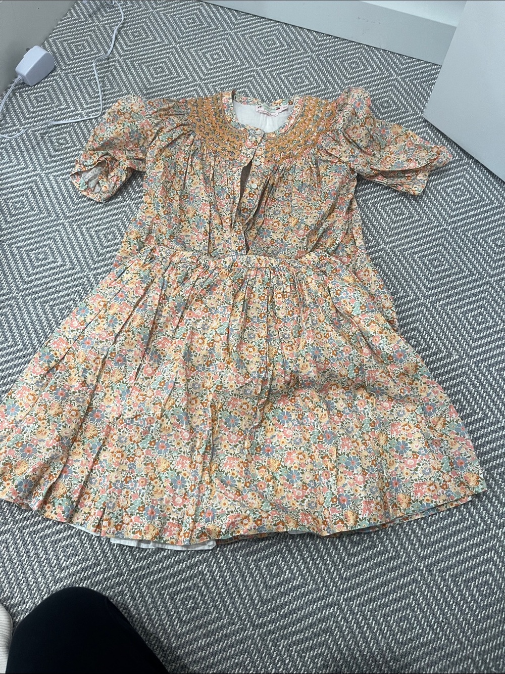 Floral Smocked Girls' matching set  in Peach and Cream